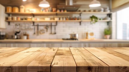 Kitchen Counter Background with Wooden Table Top and Blur Wall