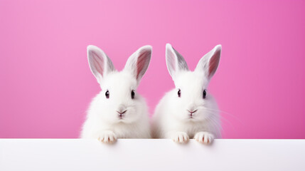 Fototapeta premium Two cute white rabbits, fluffy fur, pink background.