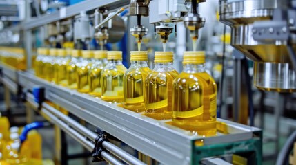 Labeling Machine in Industrial Factory for Production of Vegetable Oil