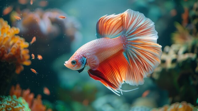 Stunning and realistic white orange fighting fish. The fish is in a graceful pose. Its delicate fins and tail flare out beautifully. Revealing intricate details and fluid movement.