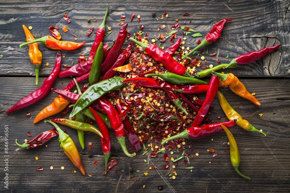 Poster A collection of fresh and dried chili peppers of various colors and sizes are spread out on a rustic wooden surface. Generative AI