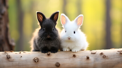 Fototapeta premium Two rabbits, white and black, cute, fluffy, natural background.