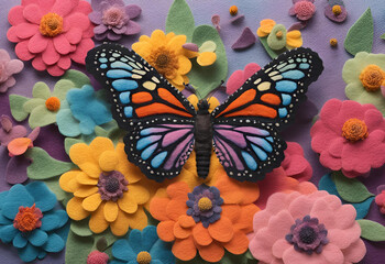 Felt art of a beautiful butterfly spreading its wings among the flowers.