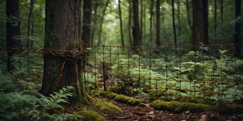 An old rusty chain links a weathered fence to a mossy tree in a dense forest, conjuring a sense of restriction amidst natural beauty