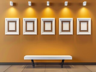 Five white square frames on a rich saffron wall, subtly lit by museum lights, featuring a sleek synthetic bench.