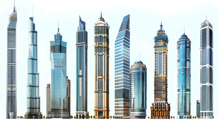Naklejka premium A panoramic view of modern and iconic skyscrapers with unique architectural designs set against a clear sky background.