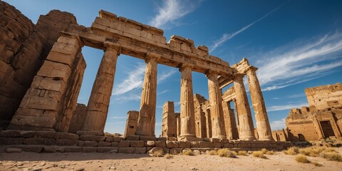 Obraz premium Majestic ancient ruins under a vast blue sky, conveying history, archaeology, and the grandeur of past civilizations