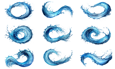 Circle-shaped water splashes isolated on a transparent background. Blue water splashes.