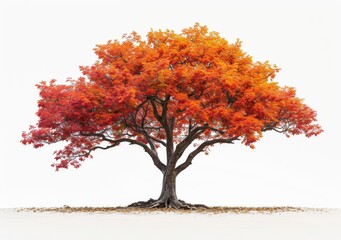 Fototapeta premium Vibrant Maple Tree with Red and Orange Autumn Leaves, Isolated on White Background, Perfect for Seasonal, Botanical, and Nature Themes, Ideal for Scenic and Autumnal Designs