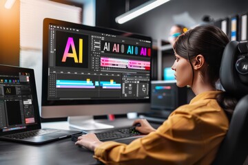 Fototapeta premium Woman working on AI design in modern office, technology integration, innovation, artificial intelligence, professional environment, high tech tools, digital art, futuristic work, creative workspace