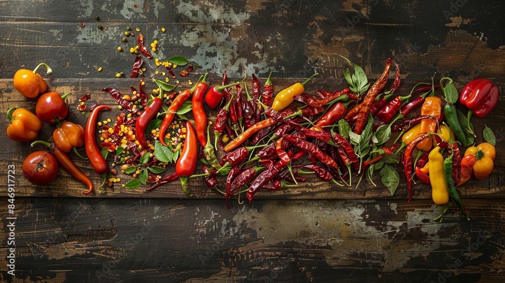 Poster a close-up image showcasing a variety of fresh and dried chili peppers arranged on a rustic wooden s