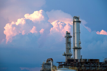 close-up of equipment of gas oil refining plant in Japan industrial factory area with sunset or...