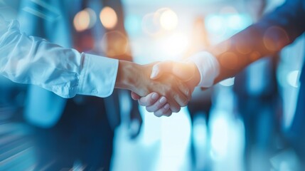 business people shaking hands with a feeling of optimism and progress blurred soft light background,