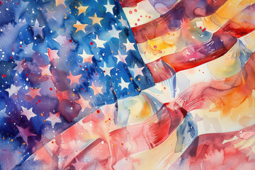 Fototapeta premium A vibrant watercolor painting of an American flag waving against colorful background. The dynamic composition and rich hues evoke a sense of patriotism, celebration, and artistic expression