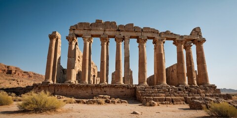 Obraz premium Ruins of a historical structure with towering columns against a blue sky, symbolizing history, culture, and architectural prowess