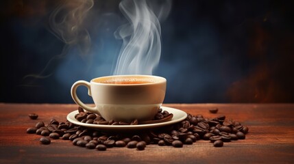 Close-up Espresso Coffee Cup With Beans On Vintage Table, Steam rising from the cup