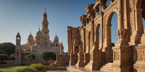 Naklejka premium Stunning view of an ancient cathedral complex with intricate sandstone arches and domes under a clear sky