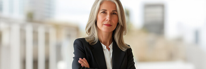 A mature businesswoman standing confidently, represents professional success, with copy space