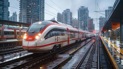 Naklejka premium A red and white high speed rail trains at station yard, in a city. Generative AI.