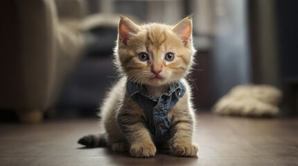 Kitten Wearing a Tiny Denim Vest Indoors