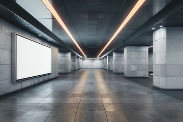 horizontal long billboard mockup in modern underground pedestrian tunnel 3d render