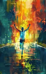 Fototapeta premium Illustration of a marathon runner crossing the finish line with arms raised in triumph, symbolizing perseverance and accomplishment