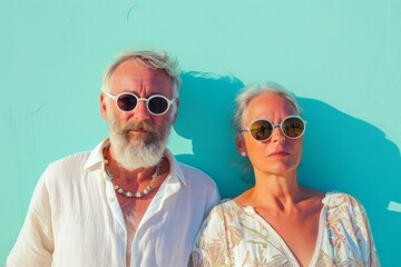 Obraz premium Portrait of a merry couple in their 60s wearing a trendy sunglasses isolated in solid pastel color wall