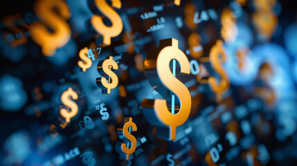 Abstract 3D illustration of golden dollar signs on a blue background.