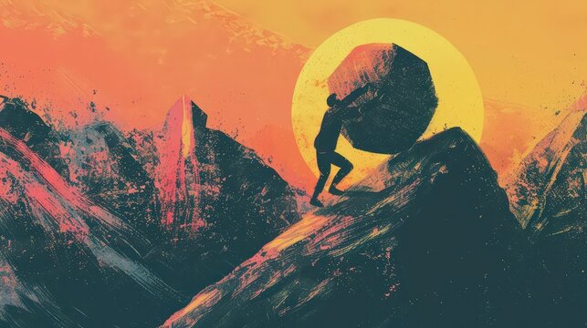 Illustration of a person pushing a boulder up a hill towards success, symbolizing overcoming obstacles