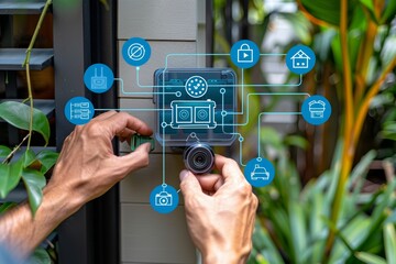 Hands installing smart home security camera with digital interface icons