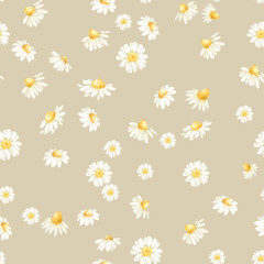Watercolor chamomile seamless pattern. Seamless pattern on a beige background.