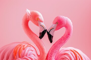 Naklejka premium Romantic flamingos forming heart shape on pink background for love, nature, travel, and beauty concept
