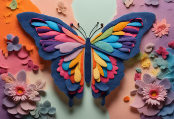 Felt art of a beautiful butterfly spreading its wings among the flowers.