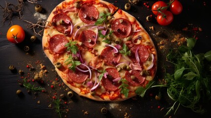 Delicious aromatic pizza with gooey cheese, salami, pepperoni, and basil, next to the ingredients on a dark table surface.