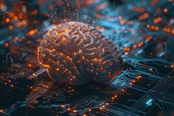 Conceptual image of a glowing brain on digital circuitry, symbolizing ai and machine learning