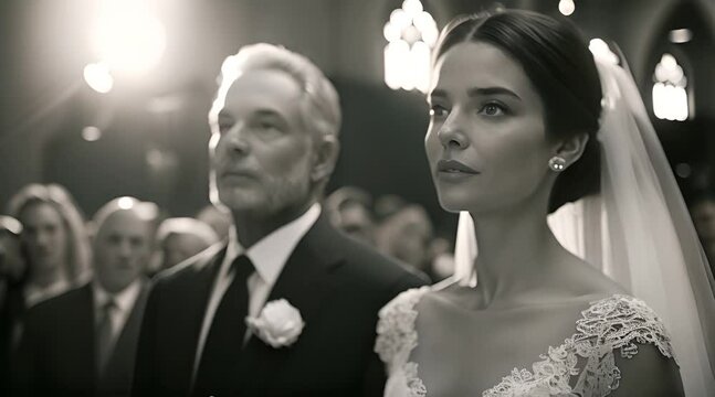 The bride and her father are experiencing a tender moment of connection at the wedding ceremony
