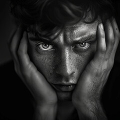 Fototapeta premium Black and White Portrait of a Sad Distressed Man Holding His Face Depression Mental Health 