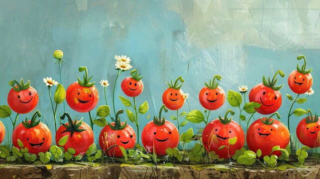 A whimsical and colorful illustration depicting anthropomorphic tomatoes engaging in various activities, such as dancing, cooking, and gardening, conveying a sense of fun and playfulness associated