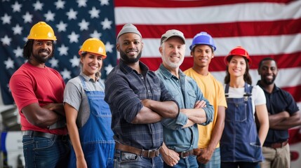 A group of diverse workers, representing various industries and professions, standing together with proud smiles