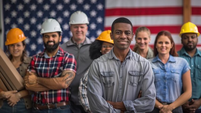 A group of diverse workers, representing various industries and professions, standing together with proud smiles