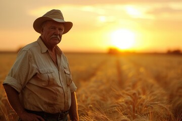 A farmer standing proudly in a field of golden wheat, the setting sun casting a warm glow on his face