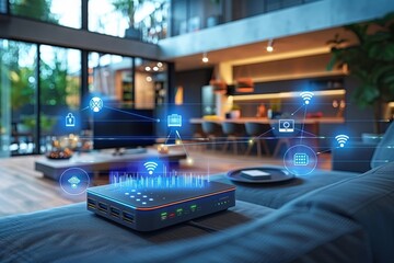Smart home router with interconnected devices in a modern living room