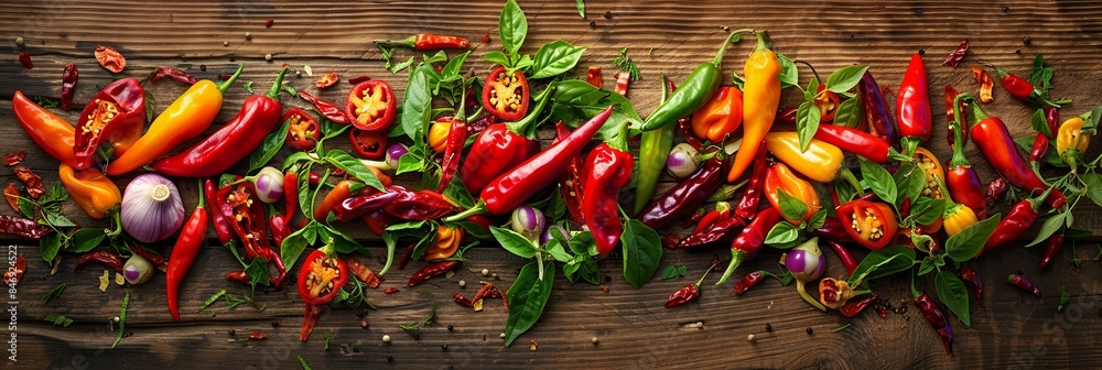 Poster a diverse collection of fresh and dried chili peppers, showcasing a range of colors and textures, sp