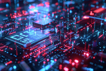 Fototapeta premium data analyze from microchip blue neon deph