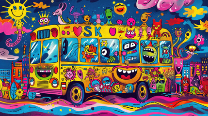 Colorful psychedelic school bus with whimsical cartoon characters, vibrant colors, and an imaginative urban nightscape background.