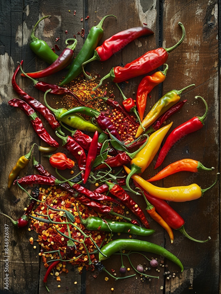 Poster a collection of fresh and dried chili peppers of various colors and shapes spread out on a rustic wo