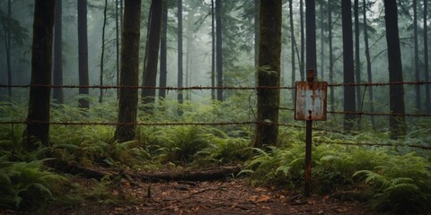 A vintage, deteriorated signpost in a foggy and misty coniferous forest environment