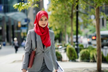 Fototapeta premium Confident Muslim businesswoman in a red hijab walking outdoors in an urban environment