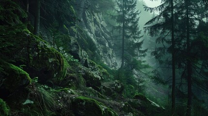 Landscape Forest. Wild Green Pine Trees and Moss-covered Boulder in Cliff Darkness