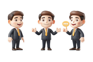 men in suits are standing next to each other. One of them is holding a yellow object that looks like a speech bubble. The other two men are looking at the first man